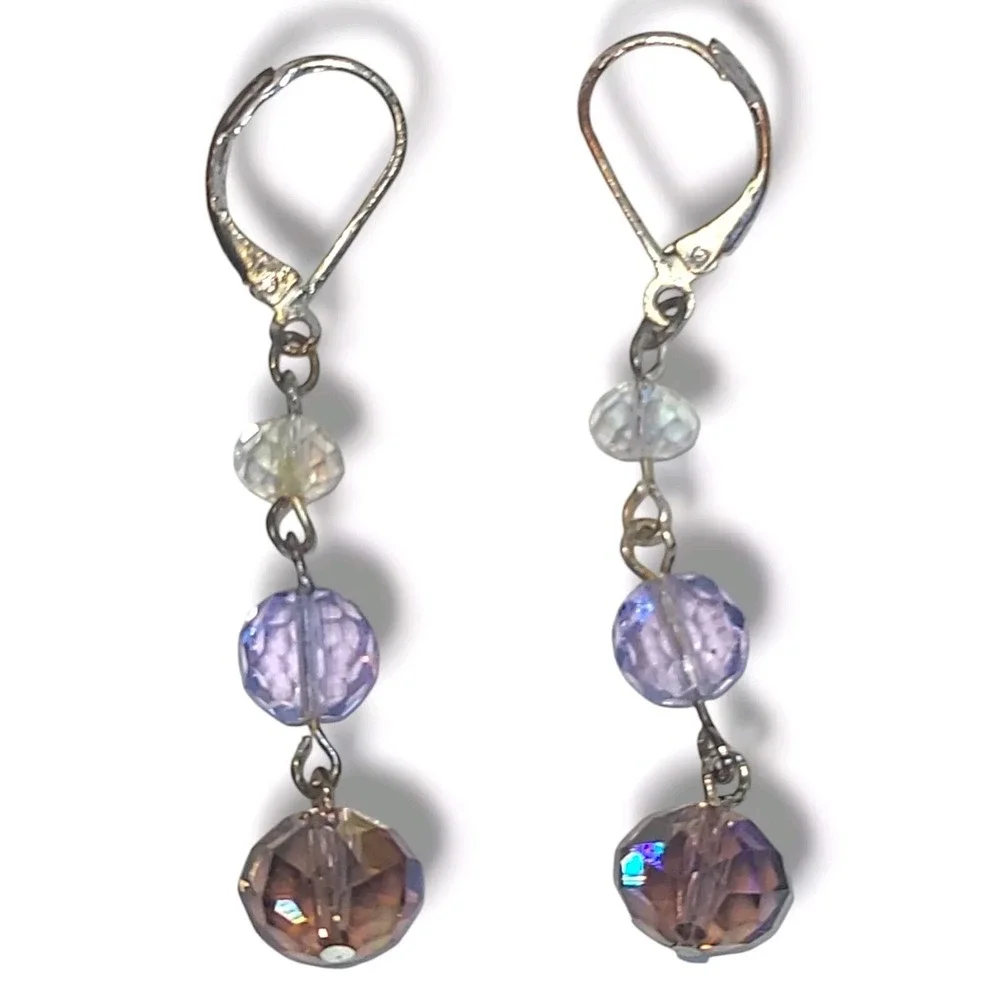 Silver Tone Purple Crystal‎ Leverback Dangle Drop Earrings